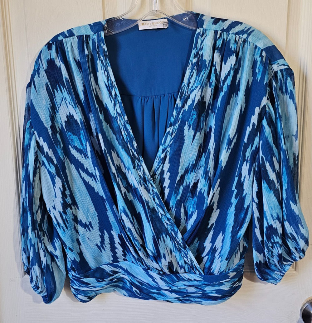 Ramy Brook Wrap Blouse Blue Print Smocked Waist Crop Top Medium NWT